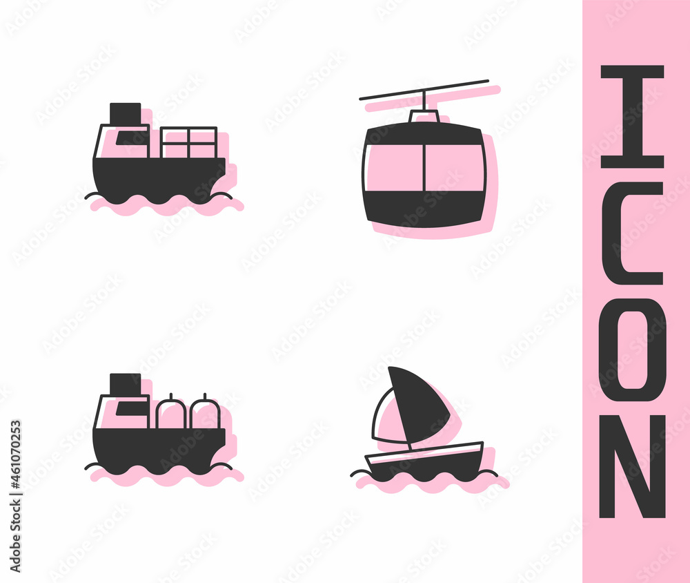 设置游艇帆船，带箱子交付的货船，油轮和缆车图标。Vector