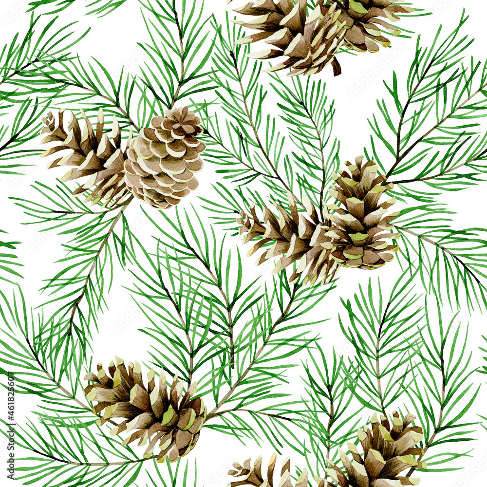 watercolor seamless pattern with fir branches and cones, Christmas trees isolated on white backgroun