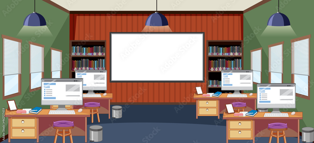 Classroom scene with many computers on desks