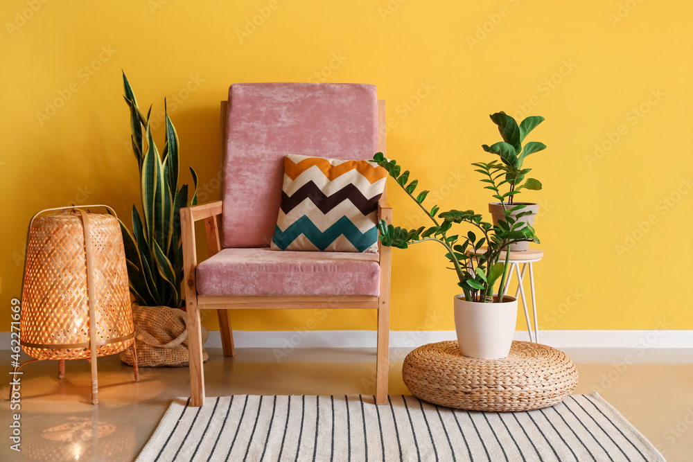 明亮的房间，配有舒适的木制扶手椅和靠近彩色墙的装饰