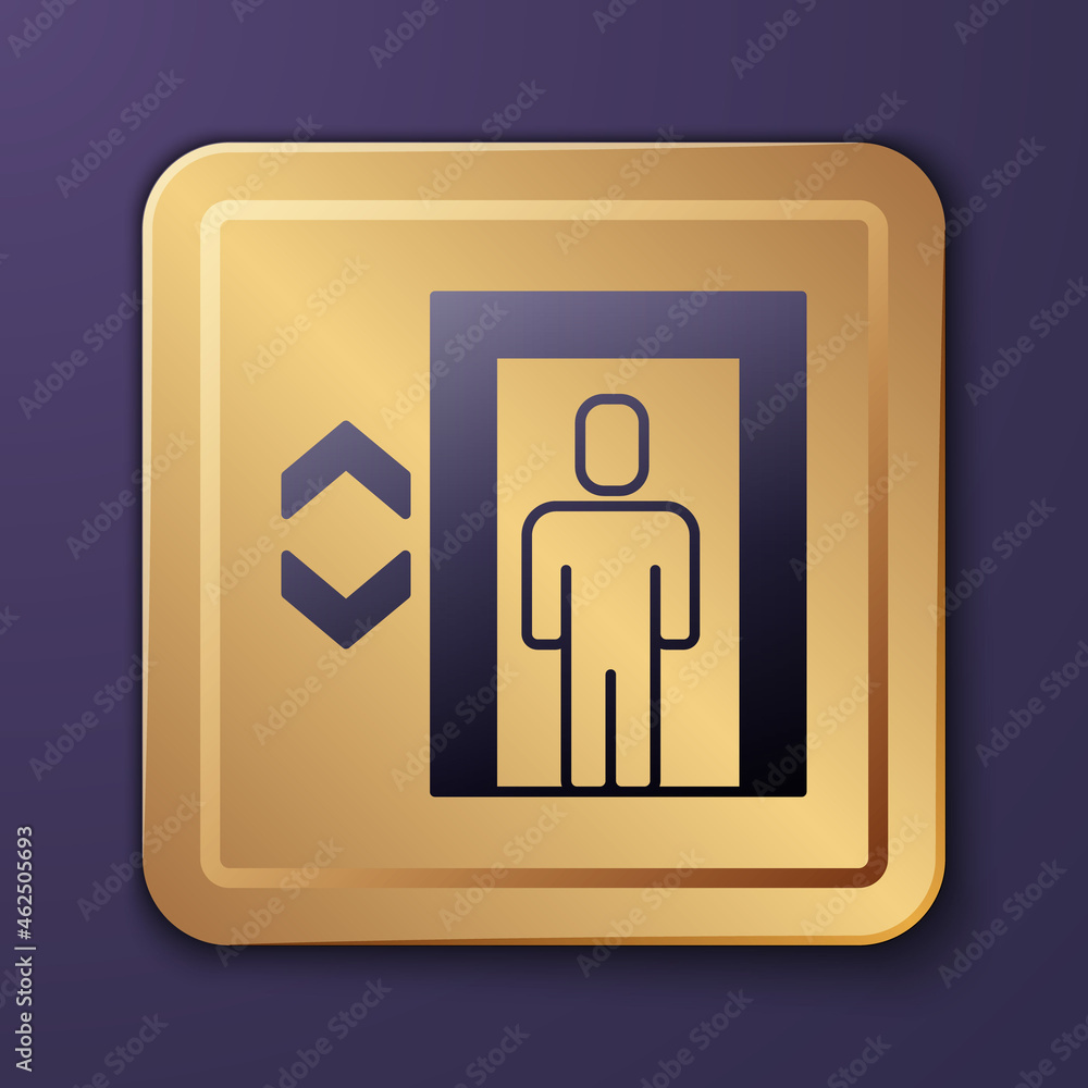 Purple Lift icon isolated on purple background. Elevator symbol. Gold square button. Vector