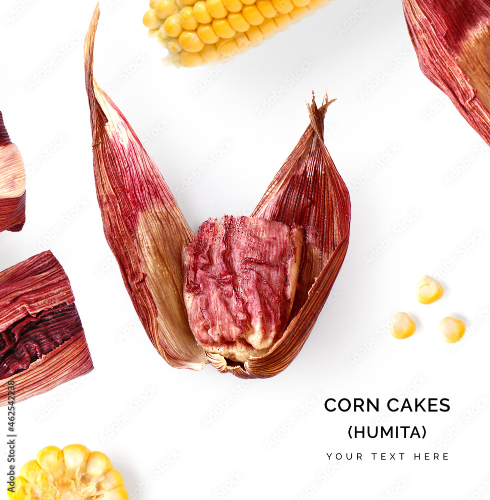 白色背景下由humita（玉米饼）制成的创意布局。平面布局。食物概念。美国本土
