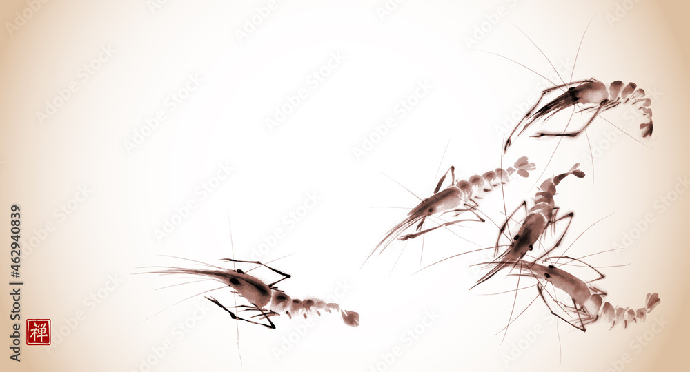 Ink painting of prawns in vintage style. Traditional oriental ink painting sumi-e, u-sin, go-hua. Tr