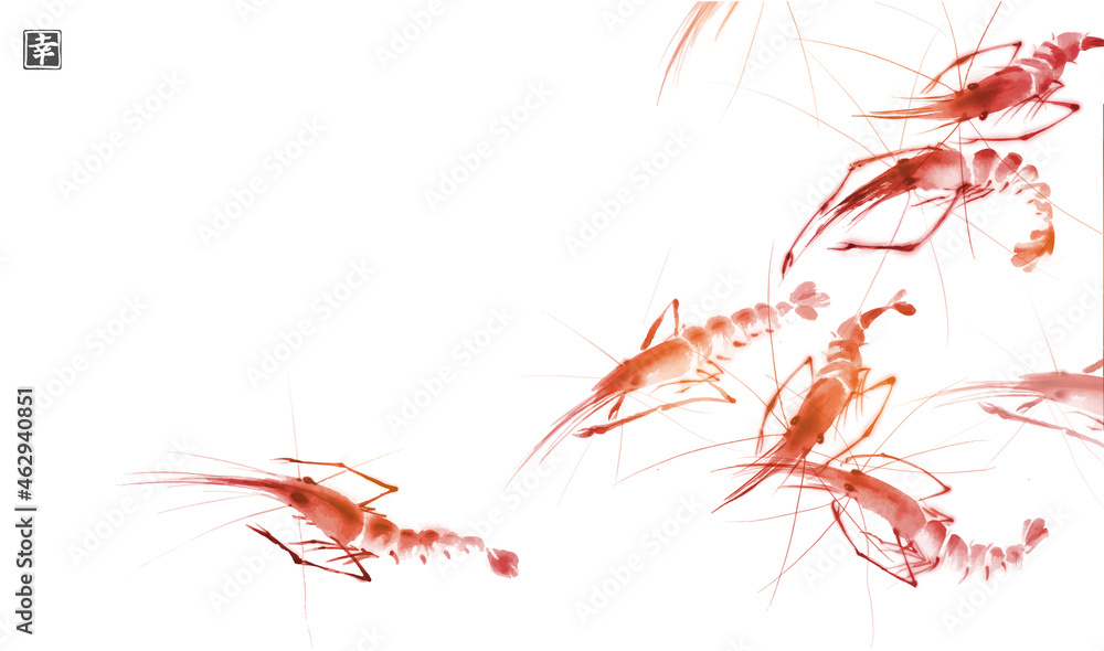 Ink painting of red ocean shrimps in minimalist style. Traditional oriental ink painting sumi-e, u-s