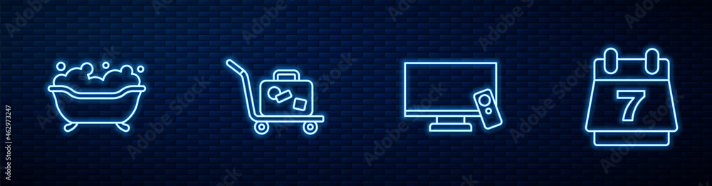 Set line Smart Tv, Bathtub, Trolley suitcase and Hotel booking calendar. Glowing neon icon on brick 
