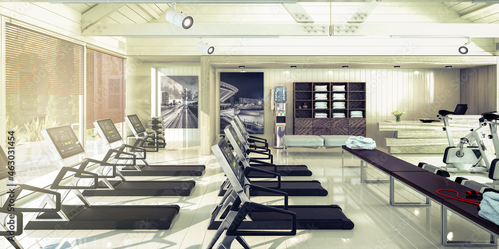 健身中心内的跑步机-全景3D可视化