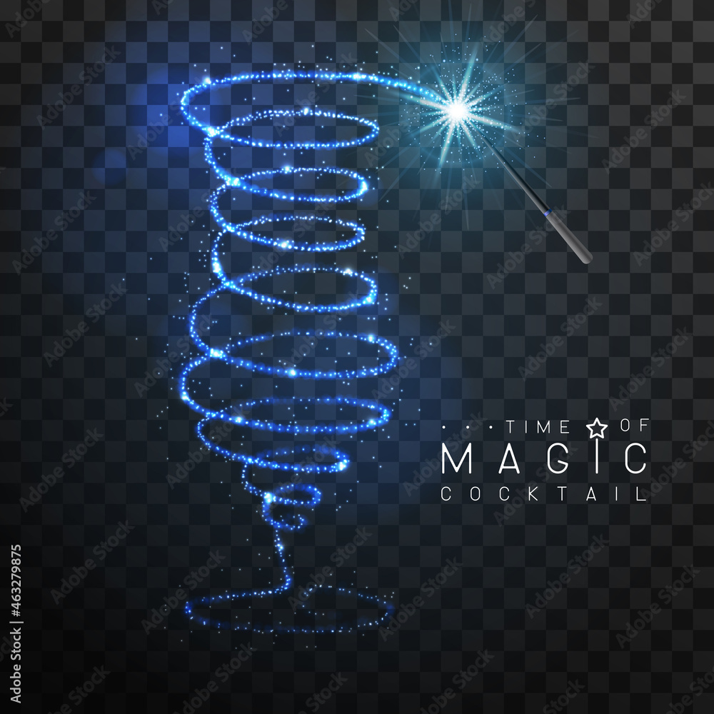 魔术棒，带有蓝色发光的闪亮轨迹。鸡尾酒的轮廓被隔离在黑色透明背景上