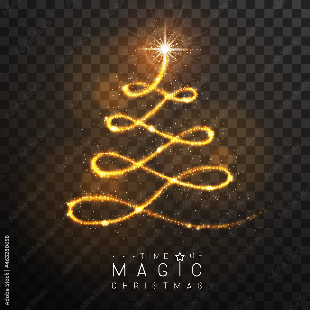 神奇的金色圣诞树轮廓。魔杖上有金色发光的闪亮痕迹。隔离在bla上