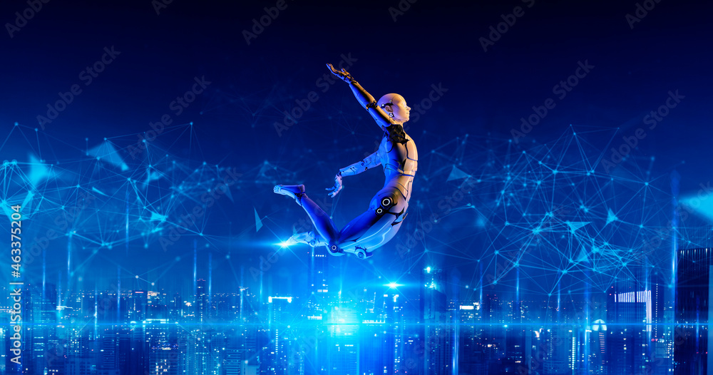 跳跃式3D人形机器人元宇宙智慧城市数字世界背景，AI人工智能