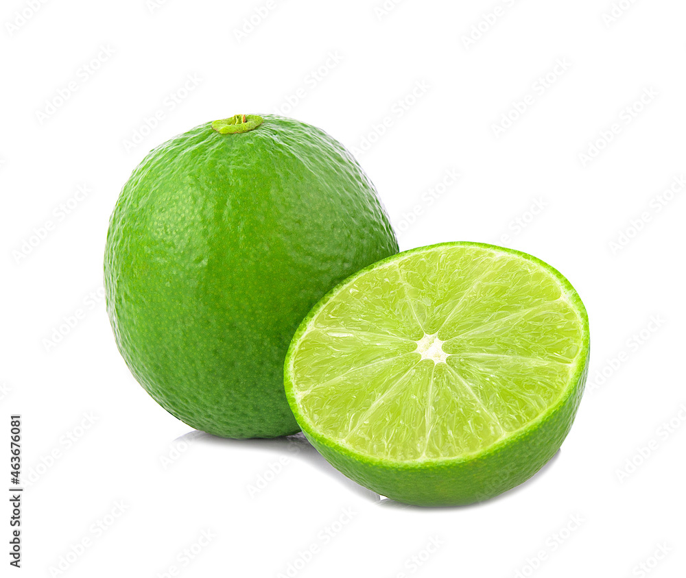 Whole and half of fresh lime fruit isolated on white background.