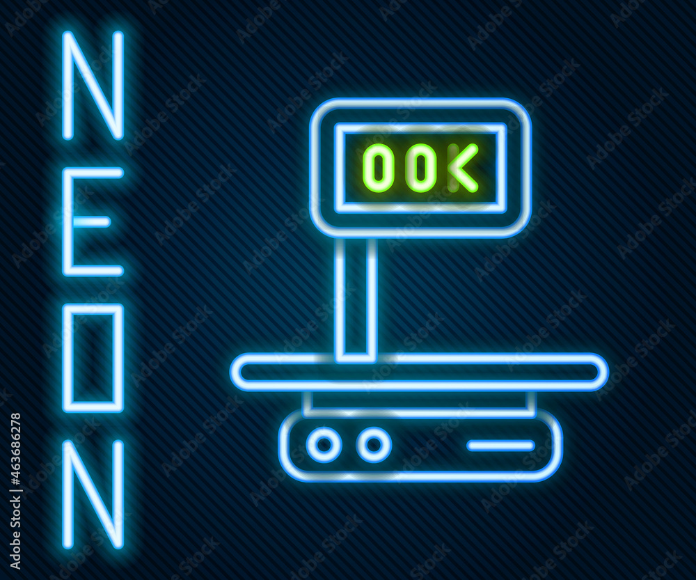 Glowing neon line Electronic scales icon isolated on black background. Weight for food. Weighing pro