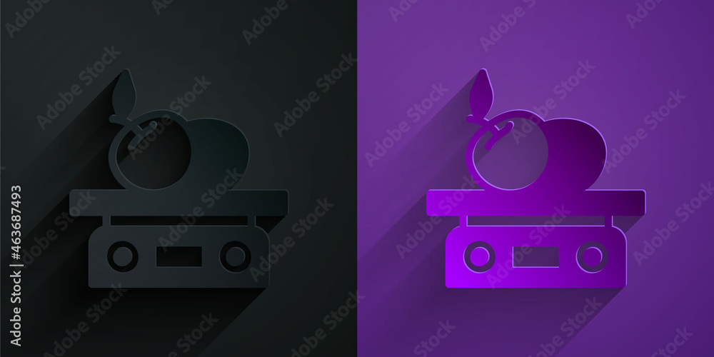 紫色背景黑色隔离产品图标的剪纸电子秤。食品重量