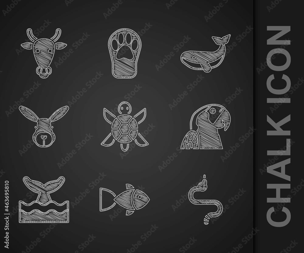 Set Turtle, Fish, Snake, Macaw parrot, Whale tail in ocean wave, Rabbit head, and Cow icon. Vector