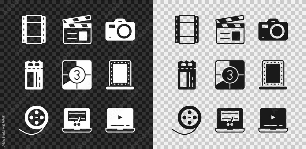 Set Play Video, Movie clapper, Photo camera, Film reel, recorder on laptop, Online play video, Cinem