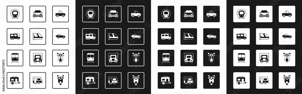 Set Pickup truck, Train and railway, Bus, Car, Scooter and icon. Vector