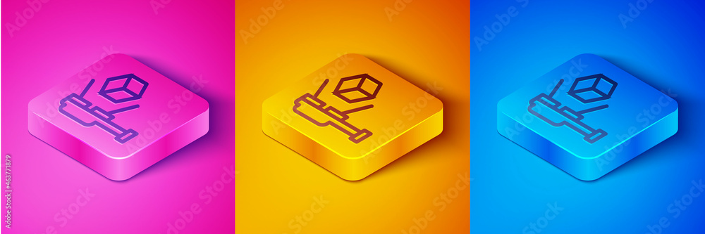 Isometric line 3D scanner with cube projection icon isolated on pink and orange, blue background. Sq
