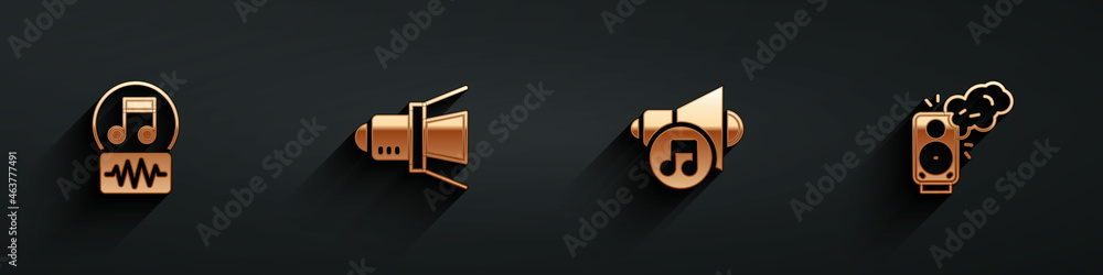 Set Music note, tone, Movie spotlight, Speaker volume and Stereo speaker icon with long shadow. Vect