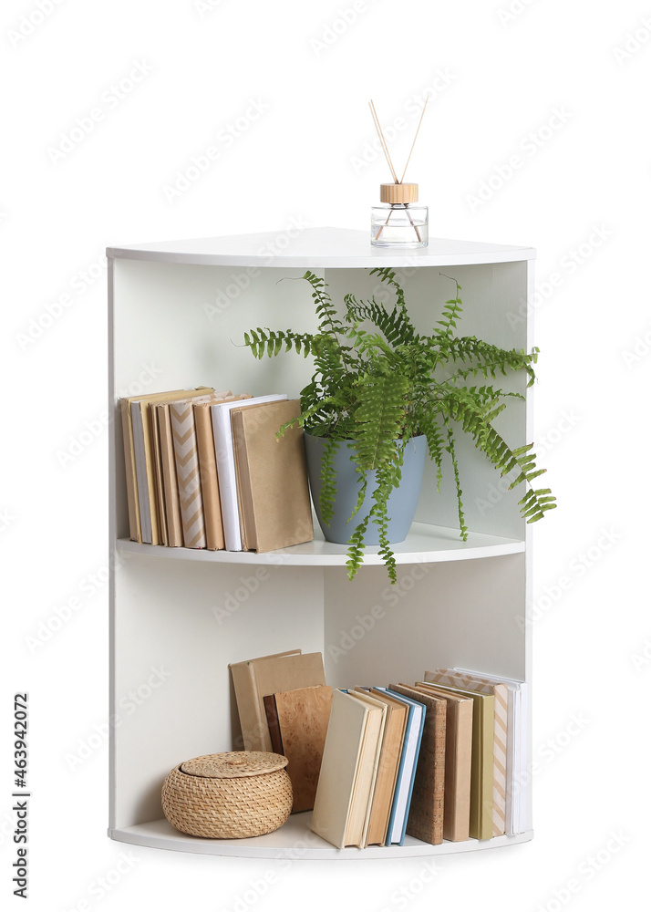 现代书柜，白色背景，带室内植物和芦苇扩散器
