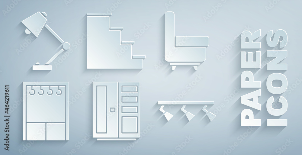 Set Wardrobe, Armchair, Led track lights and lamps, Staircase and Table icon. Vector