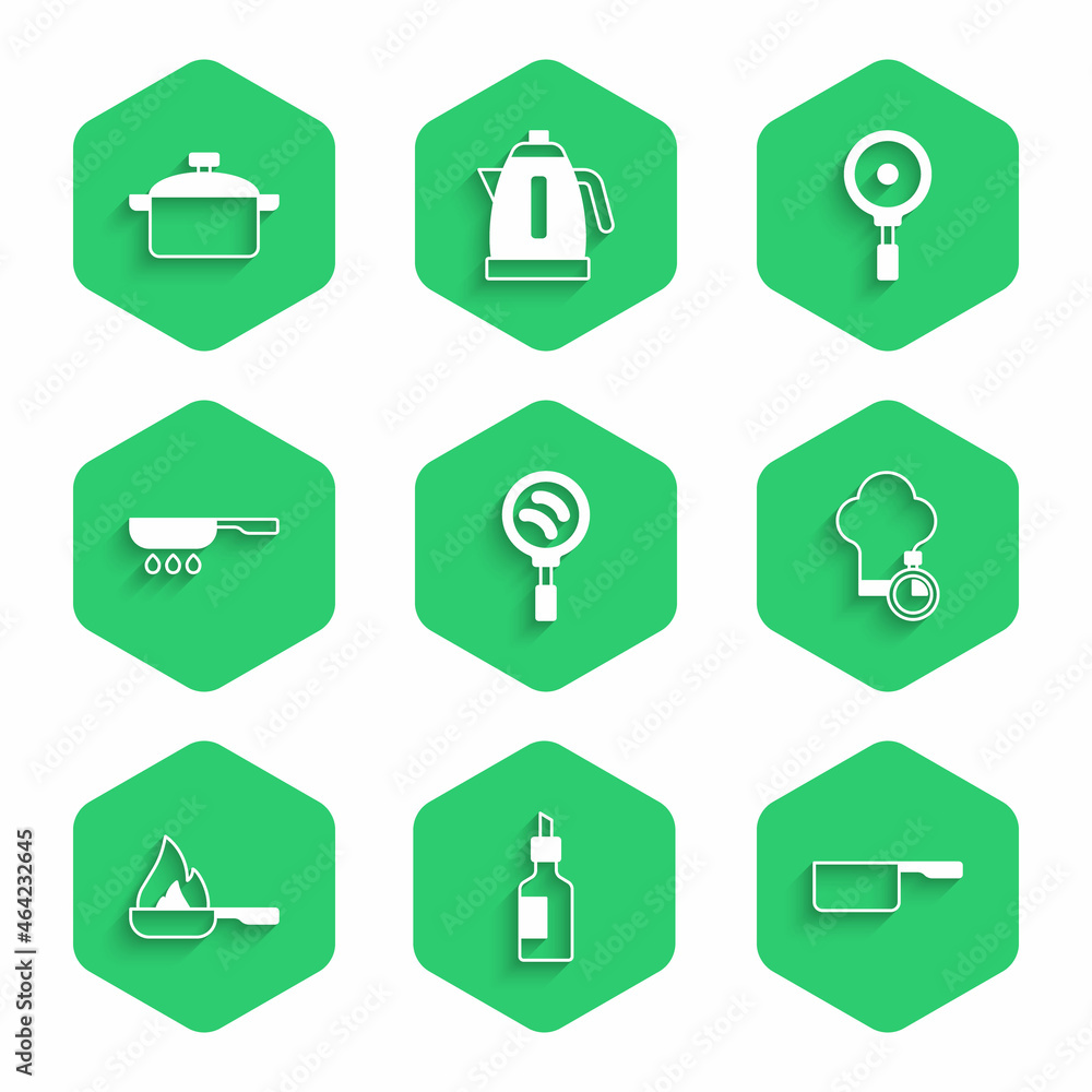 Set Frying pan, Bottle of olive oil, Saucepan, Chef hat, and Cooking pot icon. Vector
