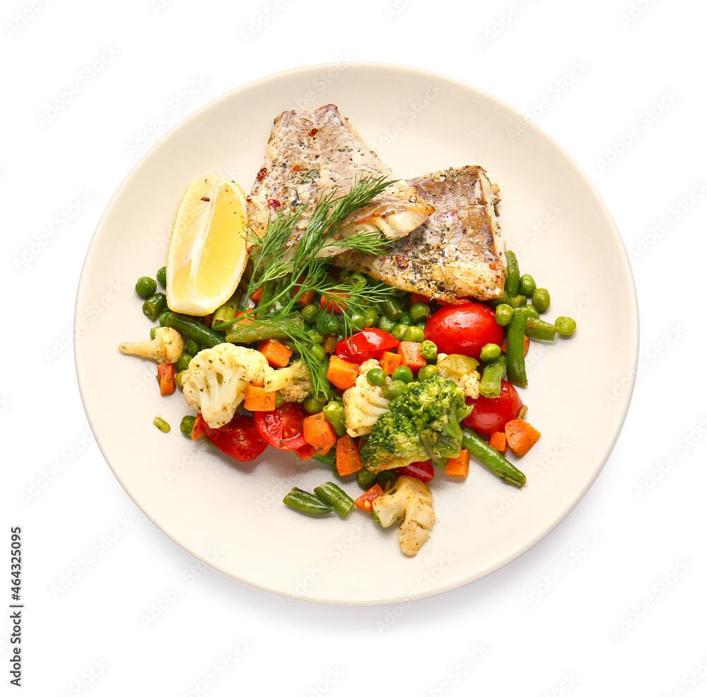 白底烤鳕鱼片和蔬菜
