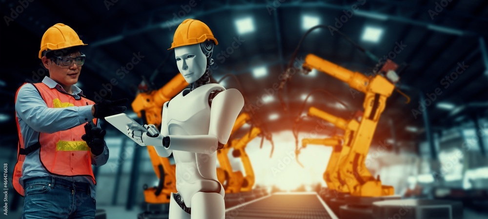 Mechanized industry robot and human worker working together in future factory . Concept of artificia