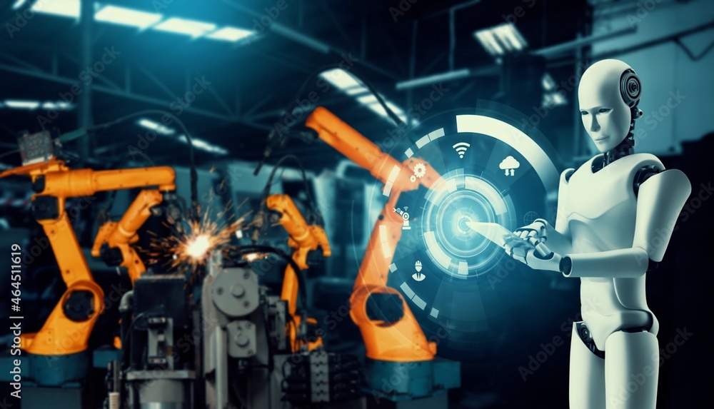 工厂生产中装配的机械化工业机器人和机械臂。人工概念