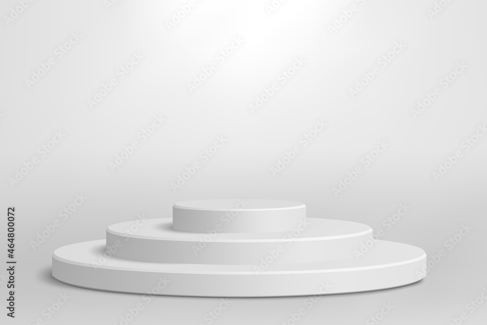 灰色背景上的白色讲台。真实的矢量插图。模型的白色圆形底座。