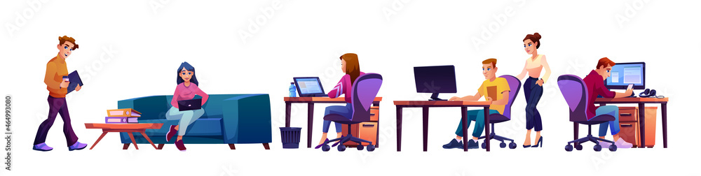 办公室里的同事，在电脑上工作的年轻卡通人，孤立的男人和女人