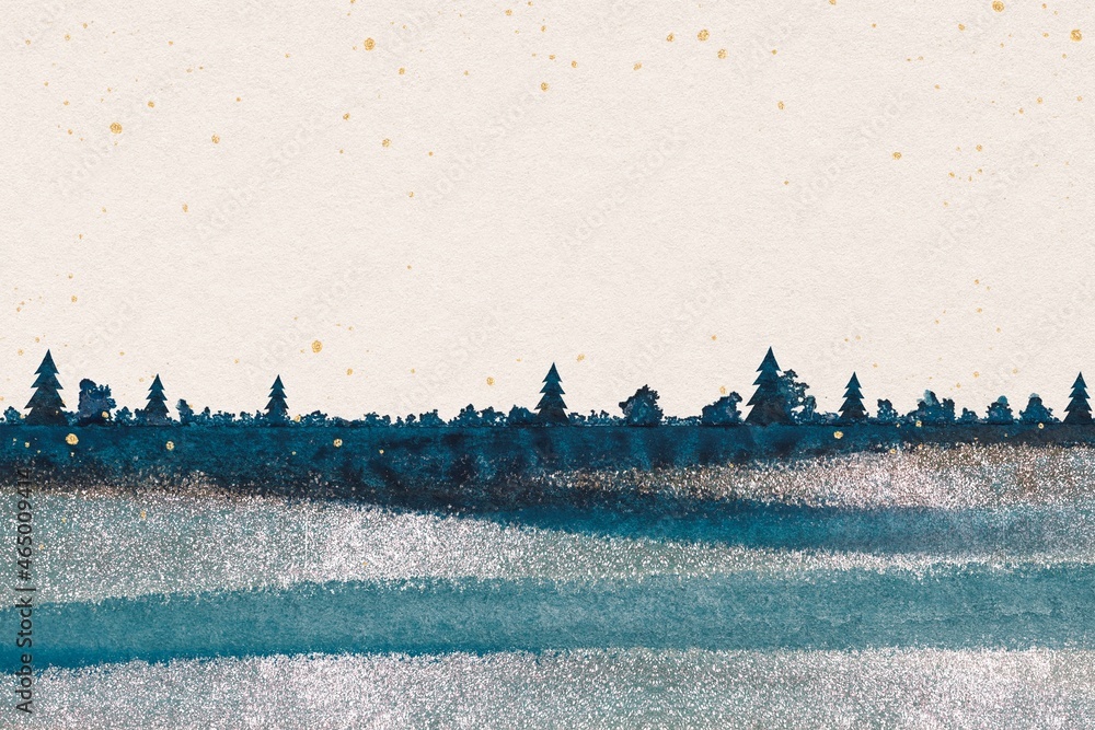 冬季森林背景，蓝色水彩度假设计