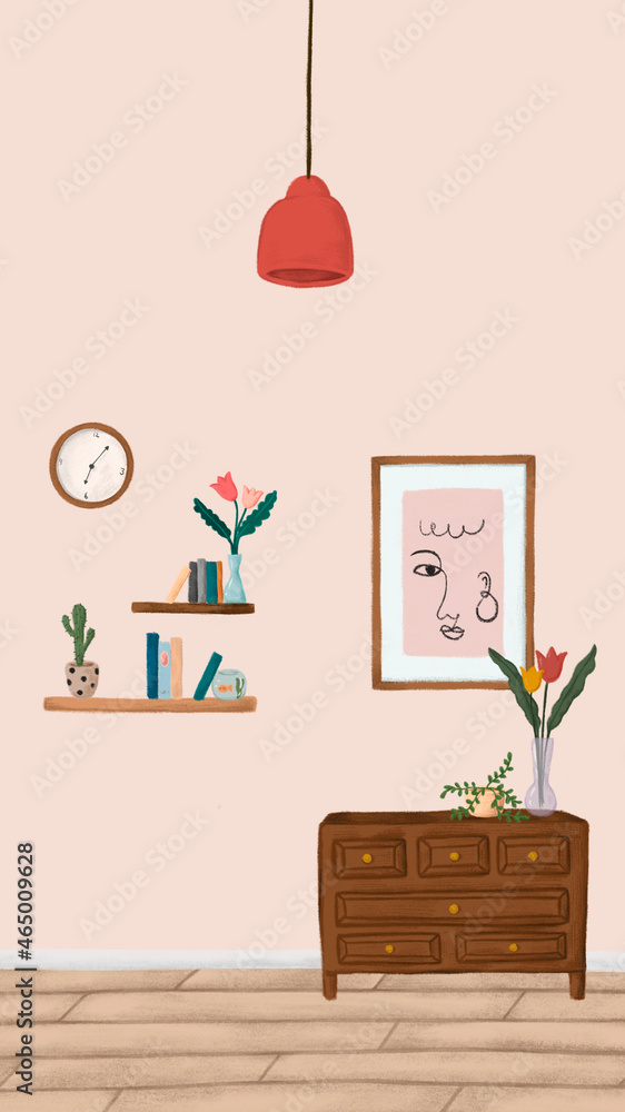 桃粉色房间中的木质橱柜手机壁纸草图风格矢量