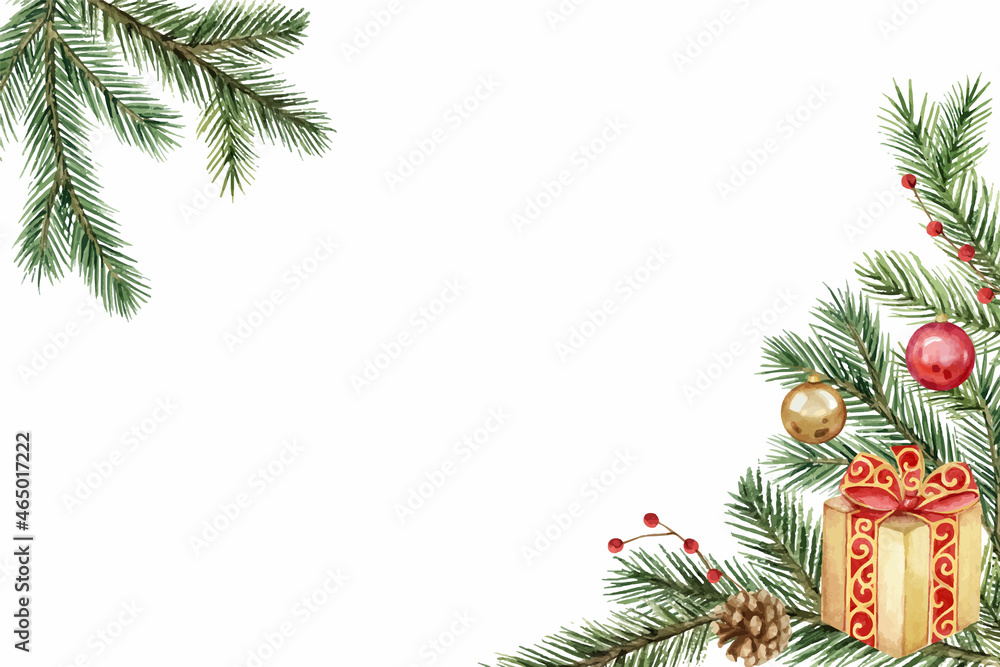 带有礼物和冷杉树枝的水彩矢量圣诞卡。