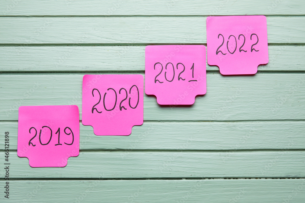 Sticky notes with figures denoting years 2019-2022 on color wooden background
