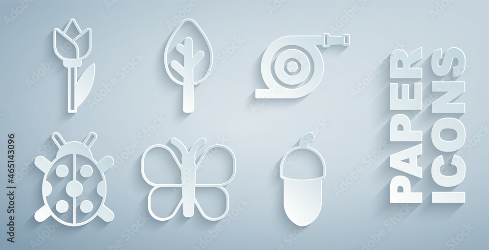 Set Butterfly, Garden hose, Ladybug, Acorn, Forest and Flower tulip icon. Vector