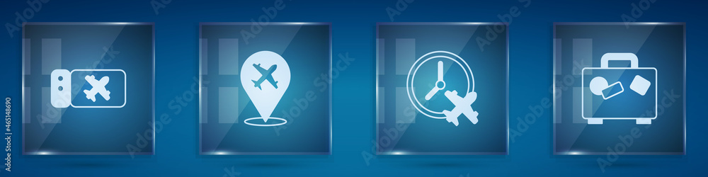 Set Airline ticket, Plane, Clock with airplane and Suitcase. Square glass panels. Vector