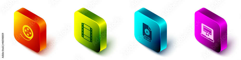 Set Isometric Film reel, Play Video, MP4 file document and recorder on laptop icon. Vector