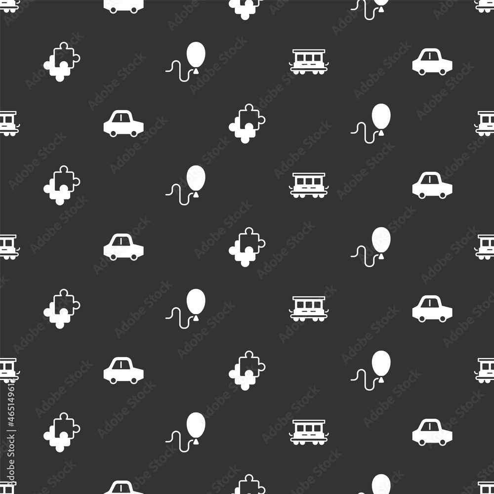 Set Passenger train cars toy, Toy, Puzzle pieces and Balloons on seamless pattern. Vector