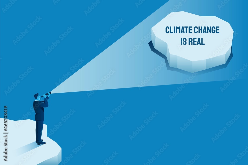 气候变化是真实的。等角企鹅在融化的高山冰和海平面上升的矢量图上