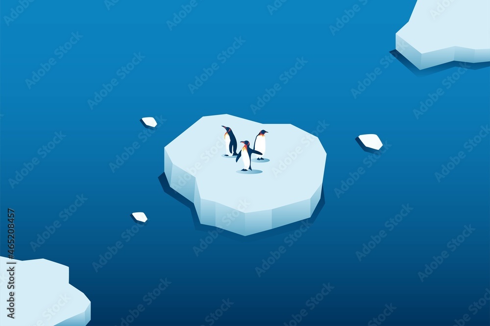 气候变化是真实的。企鹅在融化的山冰和海平面上升矢量上的等距图插图