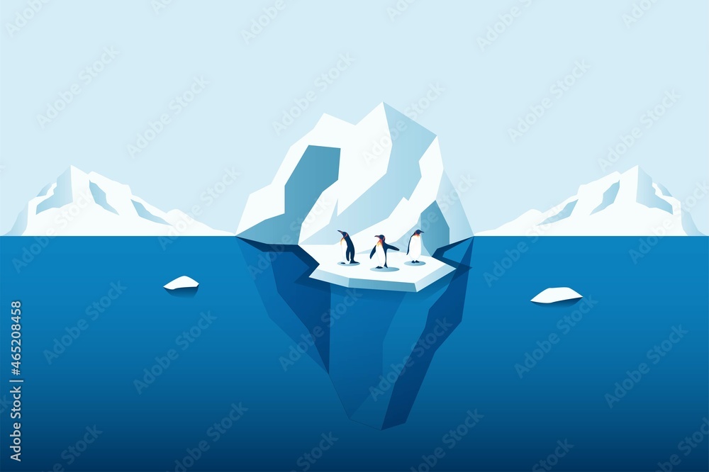 气候变化是真实存在的。企鹅关于融化的山冰和海平面上升的矢量插图。