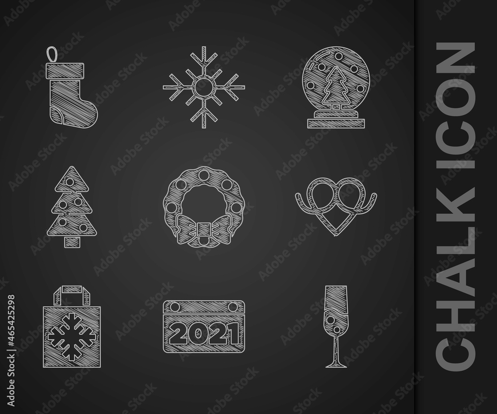 套装圣诞花环、日历、一杯香槟、椒盐脆饼、购物袋、圣诞树、雪球和stoc