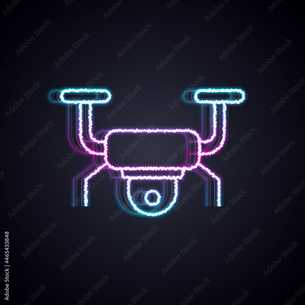 Glowing neon line Drone flying icon isolated on black background. Quadrocopter with video and photo 