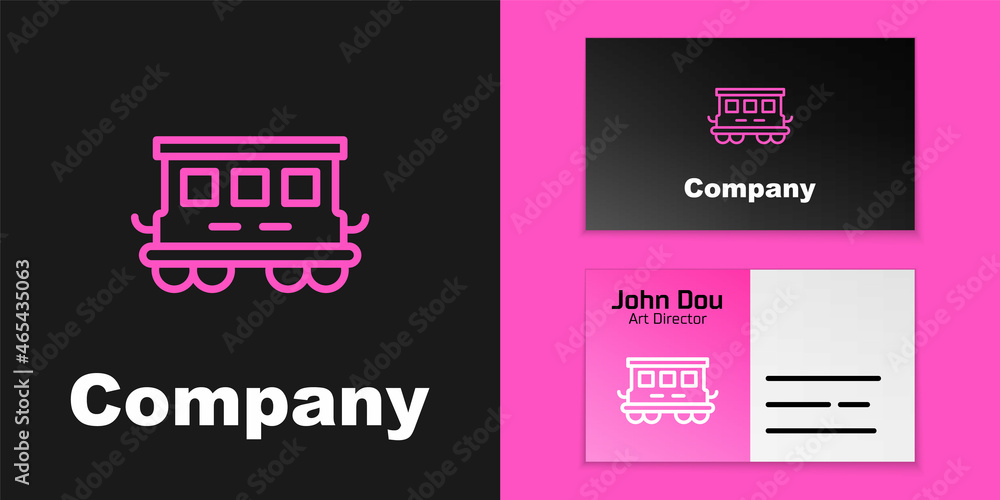 粉色线路客车玩具图标，黑色背景隔离。铁路车厢。标志设计