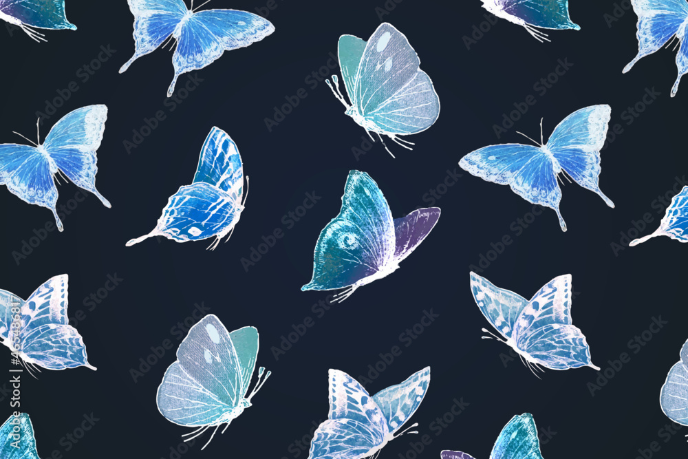 霓虹蝴蝶图案背景，黑色矢量上的全息蓝色设计