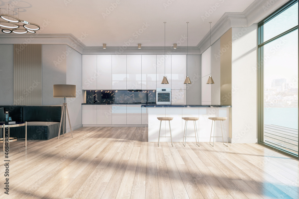 现代白色工作室厨房内部，木地板，窗户，享有城市景观和阳光。3D Re