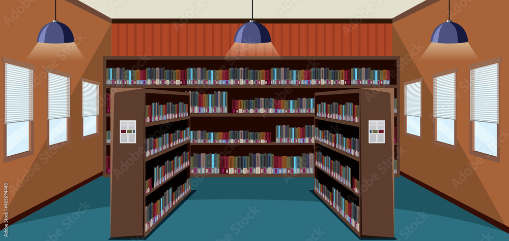 带书架的空图书馆内部设计