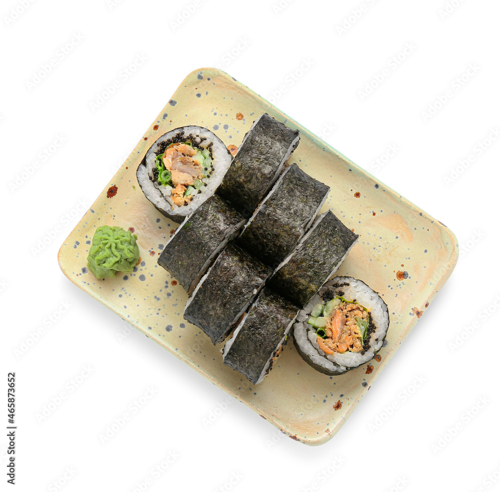 Plate with delicious sushi rolls on white background