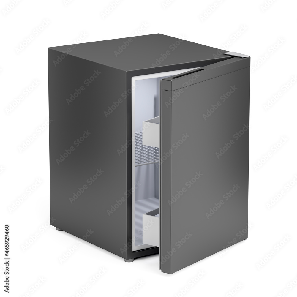 Small black refrigerator on white background
