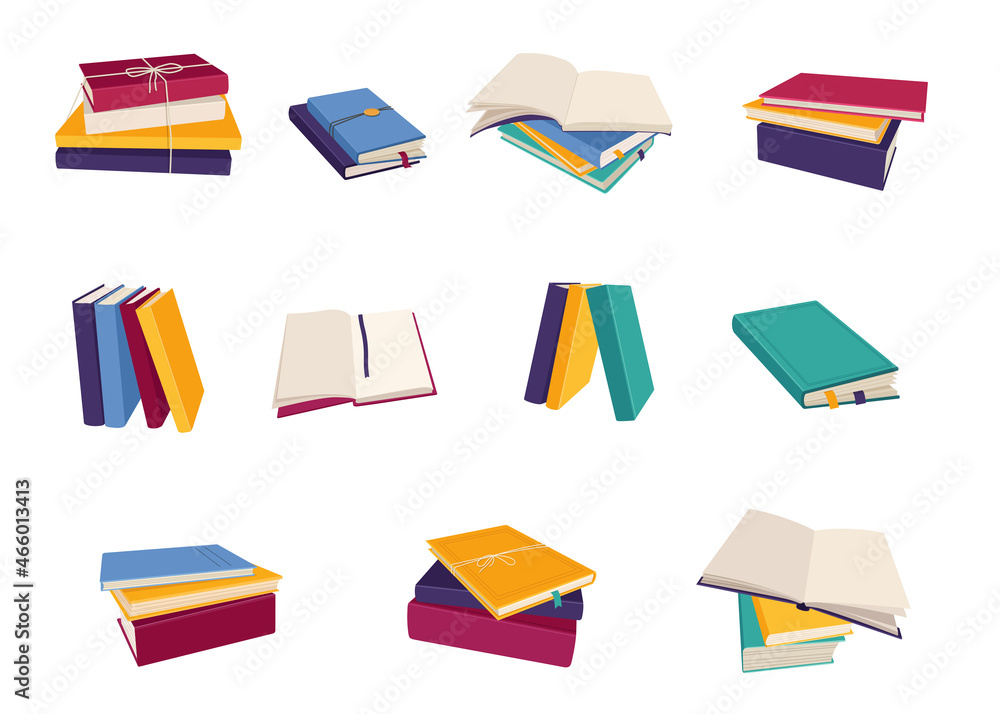 成堆的精装书和平装书。小说和教育文学。平面矢量插图