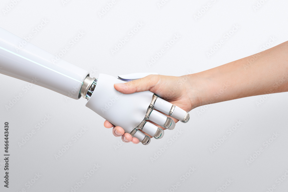 机器人握手人类背景，人工智能数字化转型